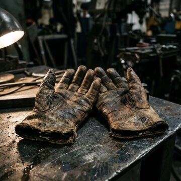 Pair of worn leather work gloves resting on a metal workbench in a workshop.