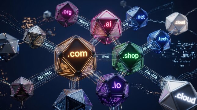 Abstract 3d illustration of interconnected domain name extensions like com and ai floating in cyberspace, representing internet infrastructure, dnssec security protocols, ssl en...