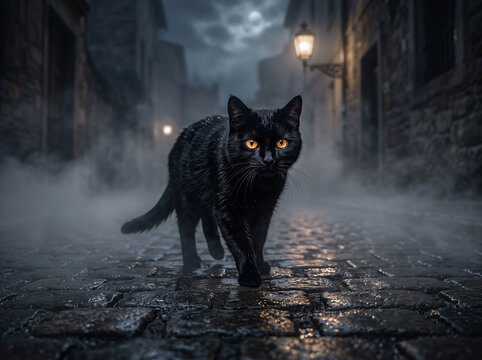 Mysterious Black Cat with Glowing Amber Eyes Walking on Foggy Cobblestone Street at Night, Eerie Spooky Dark Alley Backdrop for Halloween Magic
