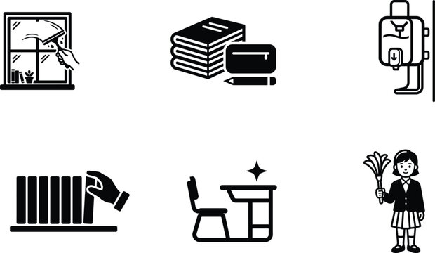 School supplies and classroom objects in black and white line art style