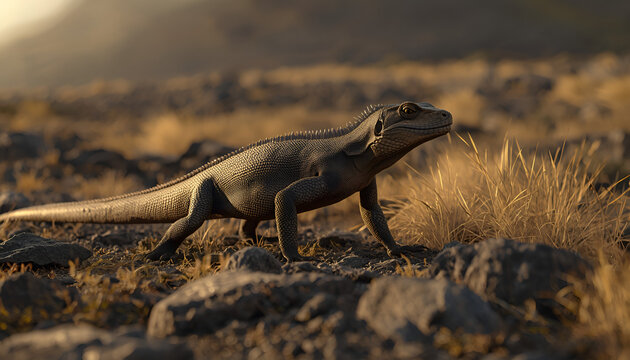 Komodo Dragon Walking Across Dry Island Terrain