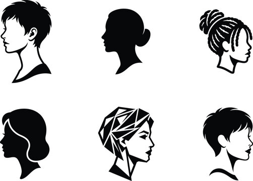 Six different silhouettes of people with various hairstyles facing right side