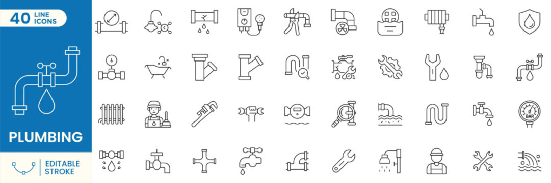 Plumbing line icons set, pipes, water system, drainage, maintenance, repair service, and plumbing equipment. Editable stroke