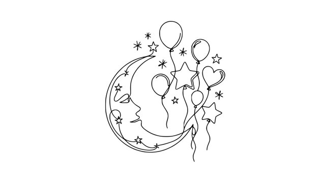 Whimsical Moon Face with Balloons and Stars Line Art