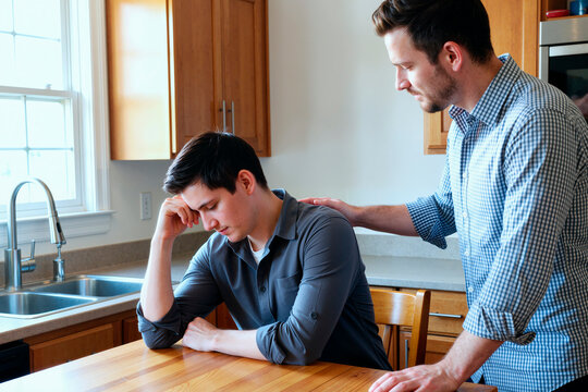 Caucasian young man sitting with head in hand while another Caucasian young man comforting him at table, expressing emotional support. Useful for mental health, counseling, crisis help