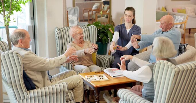 Nurse, stretching and people on retirement for fitness, mobility and coordination for memory. Smile, caregiver and senior group at nursing home with muscle exercise, brain stimulation and interaction