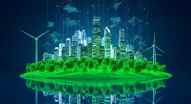 Futuristic smart city with renewable energy and digital network. Sustainable urban skyline featuring wind turbines and glowing green tech infrastru...