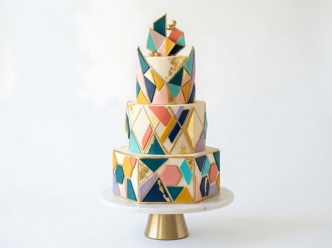 Modern geometric wedding cake with colorful patterns
