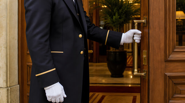 Hotel doorman in uniform opening a luxury entrance door