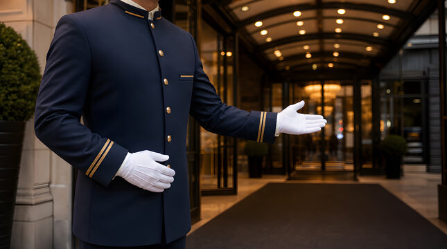Hotel bellhop in uniform welcoming guests to luxury entrance