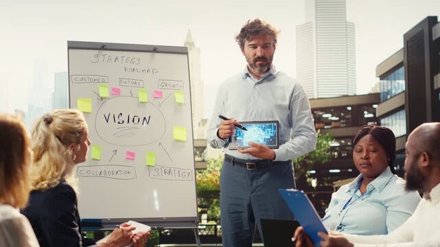 Businessman presenting tablet with AI machine learning for business action plan, collaborative session with neural networks, informal workshop with artificial intelligence implementation.