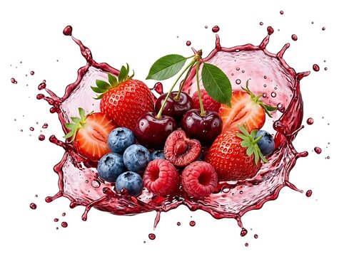 Fresh mixed berries and cherries with fruit juice splash