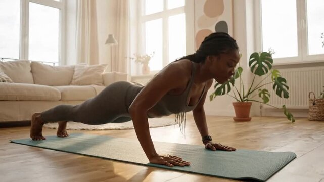 Strong fitness girl exercises in grey clothes at home while doing push-ups in living room with natural light