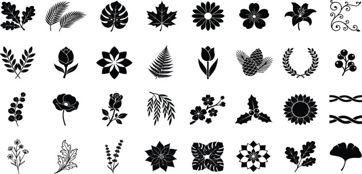 Botanical Leaf and Flower Silhouette Icon Set with Elegant Floral Elements for Autumn Christmas Garden Branding Logos and Nature Vector Designs