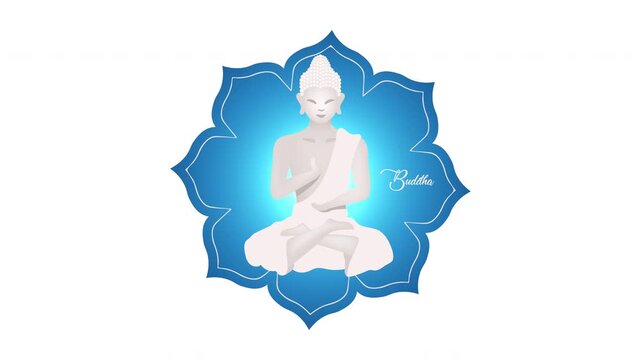 Serene Buddha meditation on blue lotus mandala 2D animation. Vesak day. Praying Gautama. Holistic wellness and yoga. Eastern religious celebration animated cartoon flat concept 4K video isolated