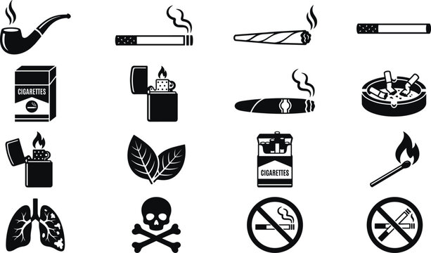 Smoking and tobacco silhouette icons set featuring cigarettes lit cigars pipe lighter no smoke signs and unhealthy lungs vector graphics.