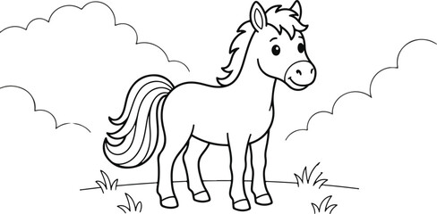 Naklejka premium Horse illustration with clouds and grass black and white line drawing pony equine stallion mare foal animal mammal cartoon vector line art black and white monochrome sketch outline