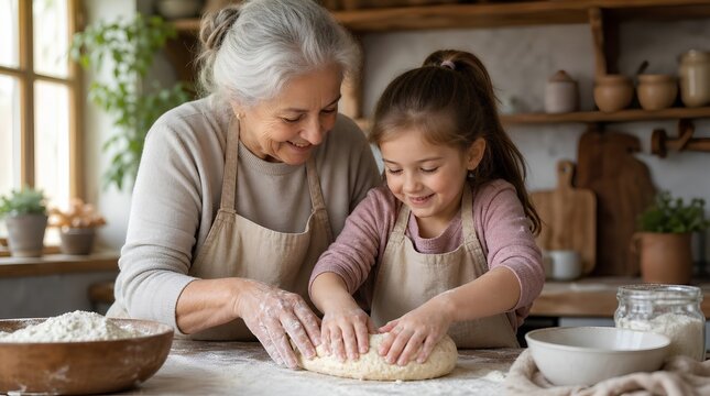 A smiling grandmother and young granddaughter knead dough together in a cozy kitchen, ideal for family baking, intergenerational bonding, or home cooking promotions.
