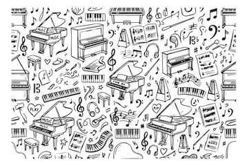 Obraz premium Musical Instruments and Sheet Music Illustration with Pianos and Notes