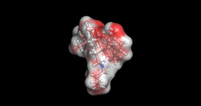 Buprenorphine, drug for pain management and addiction therapy, 3D molecule 4K spinning