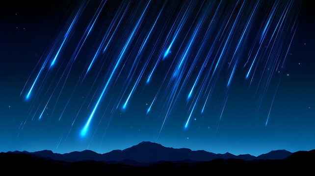 Vibrant blue meteor shower streaking across a dark night sky with mountains