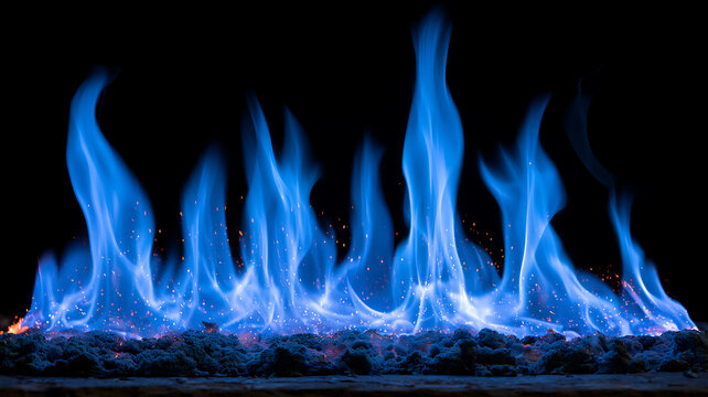Vibrant blue flames rising from burning embers on a dark background with sparks flying everywhere freely