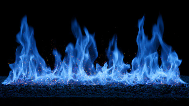 Vibrant blue flames rising against a dark background with sparks flying