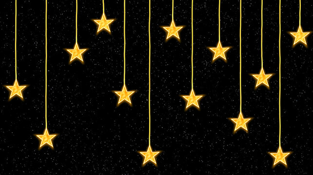 Golden stars hanging from strings on a black background with white specks
