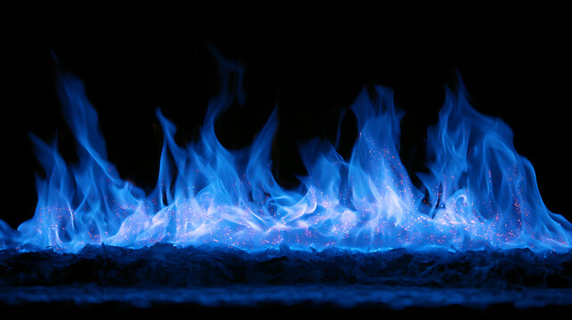 Vibrant blue flames burning brightly on a dark background with sparks