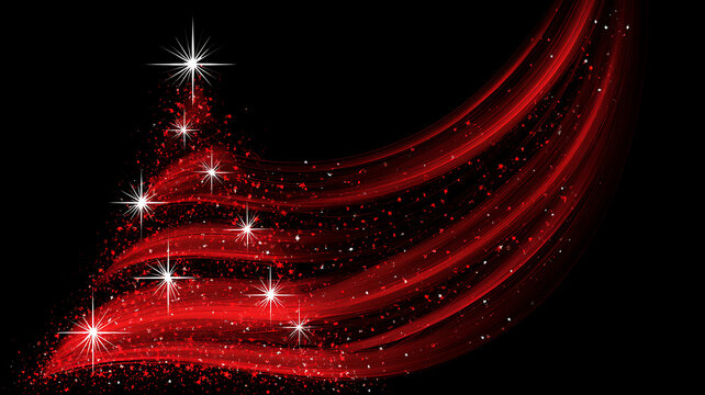 Abstract red christmas tree with sparkling stars on black background for holiday decoration