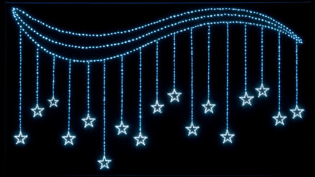 Glowing blue star lights hanging in strands on a black background for decoration