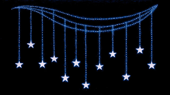Blue string lights with star decorations hanging on a black background