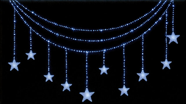 Blue star garland with string lights on a black background for decoration