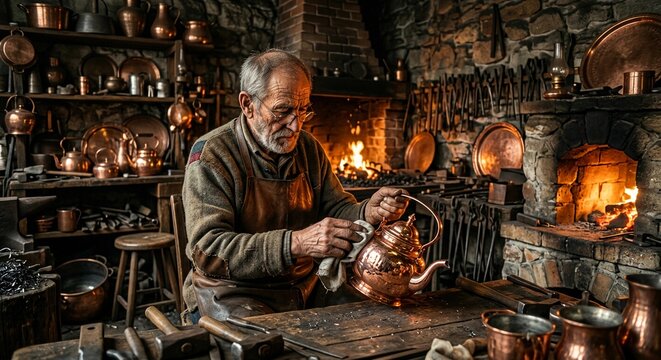 Generative AI illustration of an elderly coppersmith master polishing a copper teapot in a traditional rustic workshop