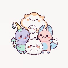 Fototapeta premium Cute cartoon character group with diverse creatures and fluffy animals isolated on a solid light background for playful design projects.