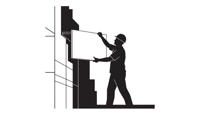Construction worker installing exterior cladding on high-rise facade with safety harness and scaffold system