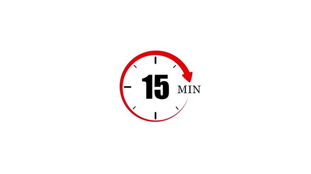 Countdown timer animation: 15 minute looping red clock for presentations, workouts, and productivity