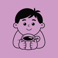 Fototapeta premium Cute Boy Drinking Coffee, Cartoon Child Character Vector Illustration Design