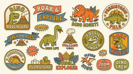Retro vintage style dinosaur sticker set featuring cartoon T-Rex, Triceratops, Brachiosaurus, and volcanoes with adventure slogans like Roar and Explore on a cream background. © JOEEE