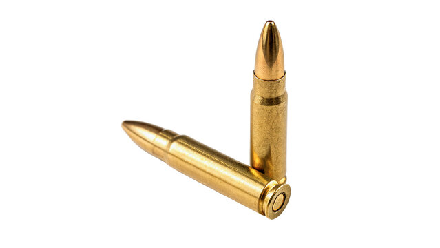 Single shiny golden metallic bullet ammunition cartridge isolated on transparent background cut out