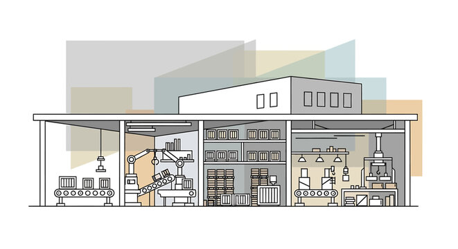 Line art illustration of a modern automated factory building cross section showing manufacturing processes.