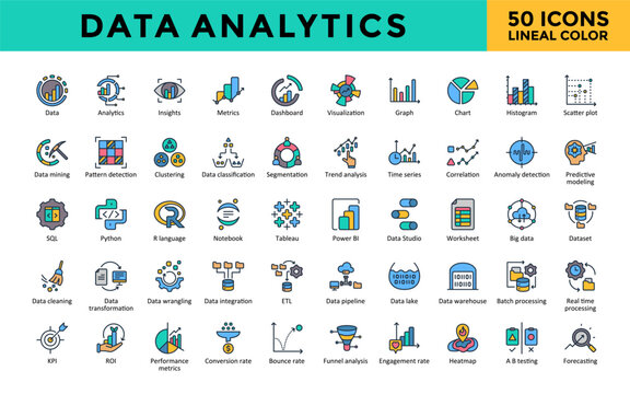 Data Analytics icons set with data, analytics, insights, metrics, dashboard, visualization, graph, chart, histogram, scatter plot icon. Simple lineal color vector 