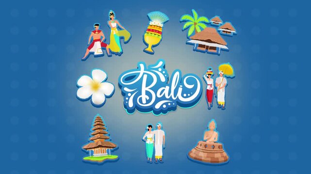 Bali cultural landmarks and Balinese people 2D animation. Traditional dancers. Buddha statue temple. Southeast Asia travel destination animated cartoon flat concept creative idea 4K video background