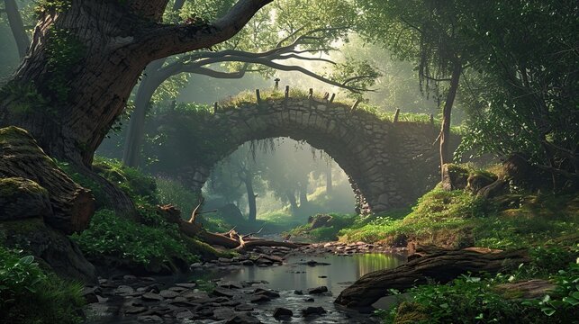 Ancient stone arch bridge spanning a tranquil forest stream bathed in sunlight