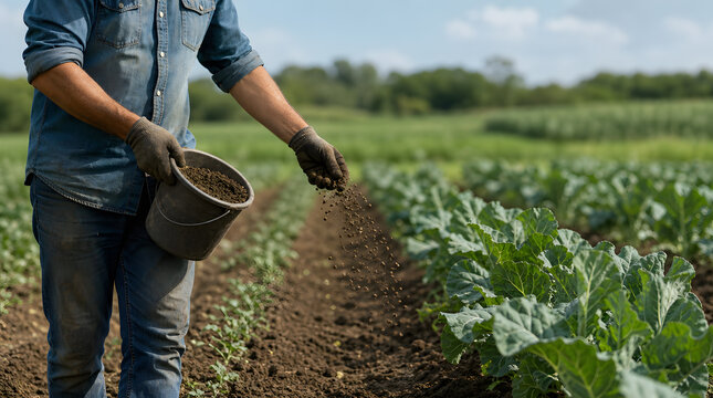 Farmer fertilizing vegetable plants in a sunny rural field