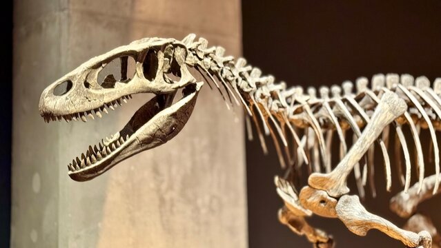 Prehistoric Theropod Dinosaur Skeleton Fossil Displayed in Museum Exhibit
