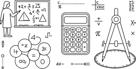 Math teacher at blackboard calculator geometry compass algebra formula line art vector illustration icon set school education © Sukhi
