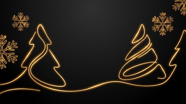 Luxury golden neon winter holidays background with stylized Christmas tree lines