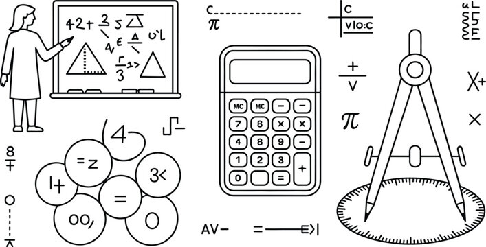Math teacher at blackboard calculator geometry compass algebra formula line art vector illustration icon set school education