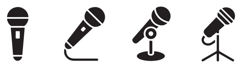Dynamic handheld microphone collection with stage stands and cable icons for live performance and concert events. © Amir
